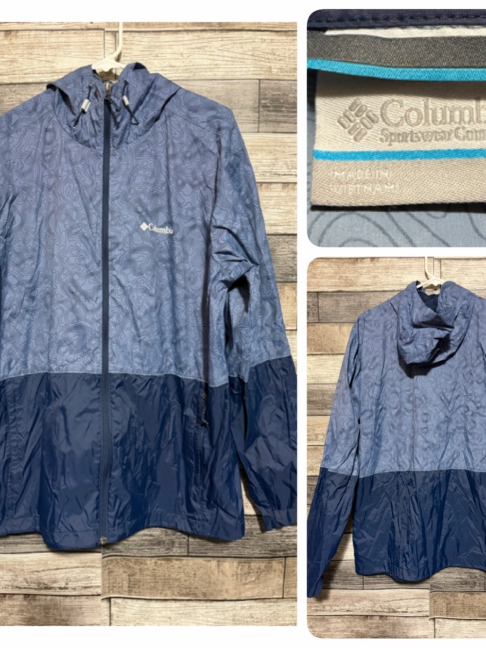 Columbia Windbreaker Hooded Jacket Men L Blue Pattern Lightweight Full Zip READ